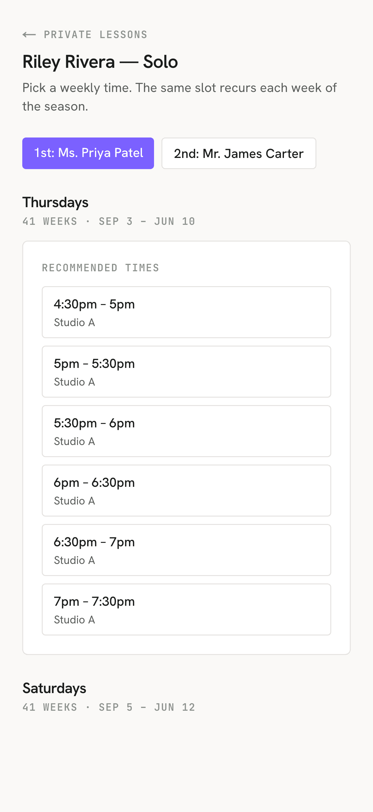 The parent booking link open on a phone, showing recommended weekly lesson times to claim for the season.
