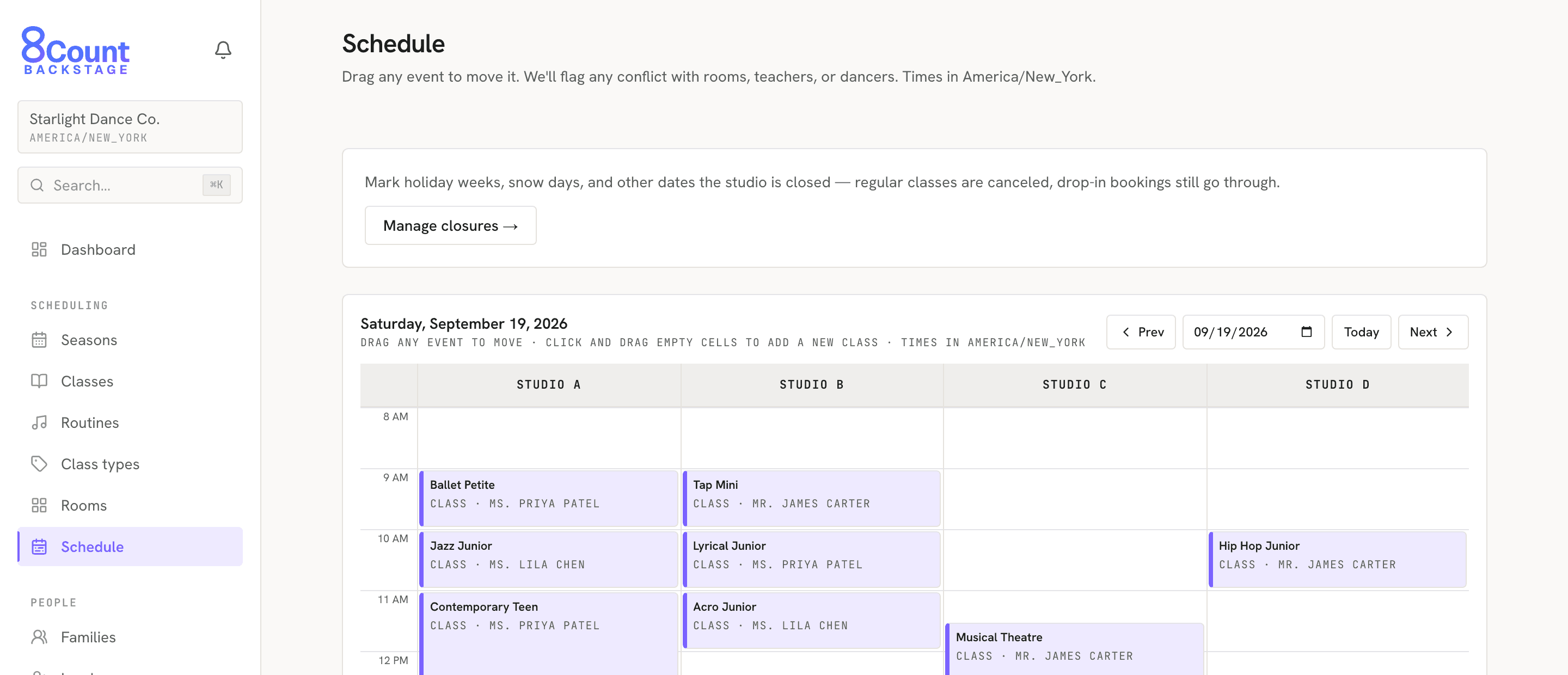 The 8Count Backstage admin schedule: a Saturday of classes laid out across four studio rooms and teachers.
